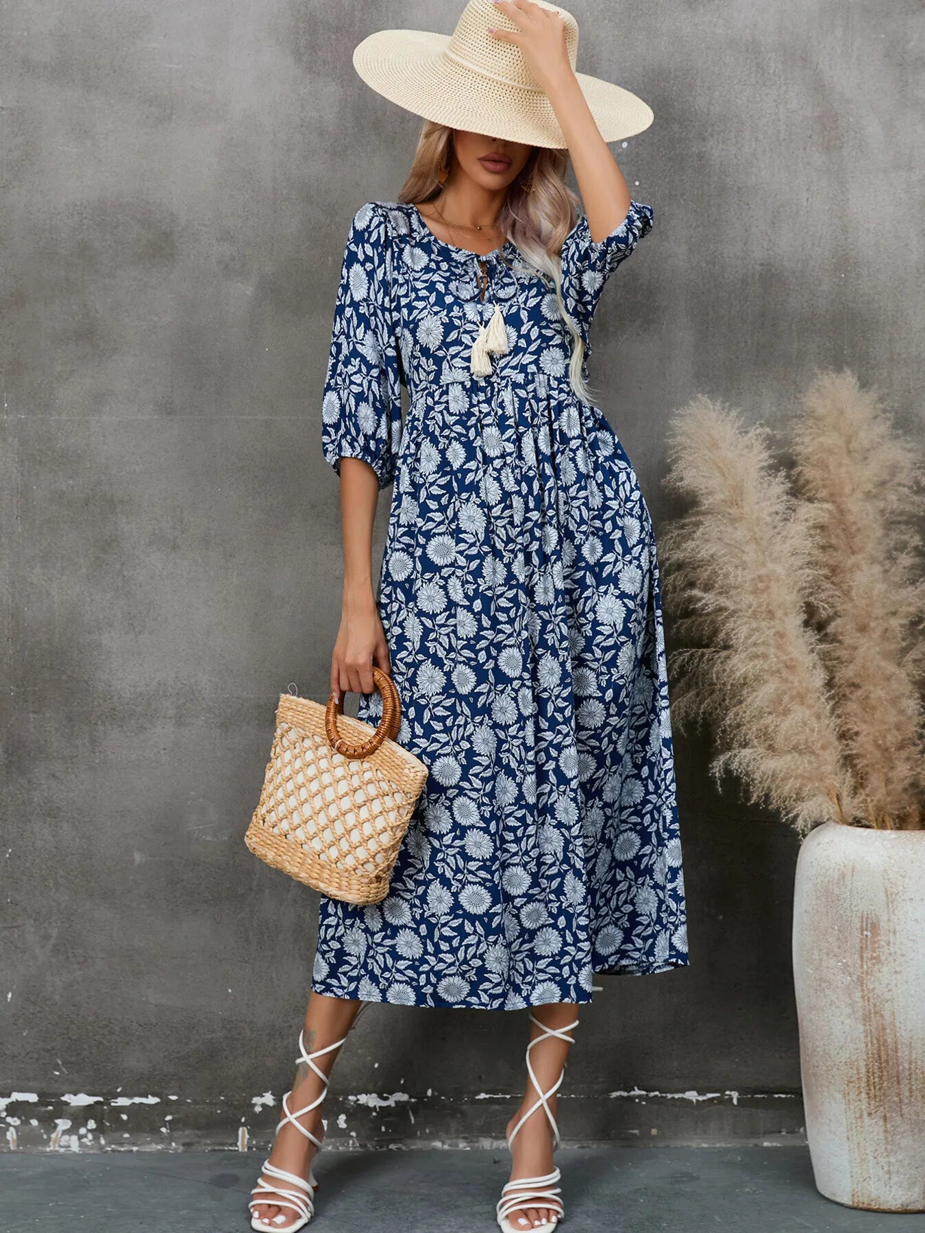 Printed Tie Neck Midi Dress NicholesGifts
