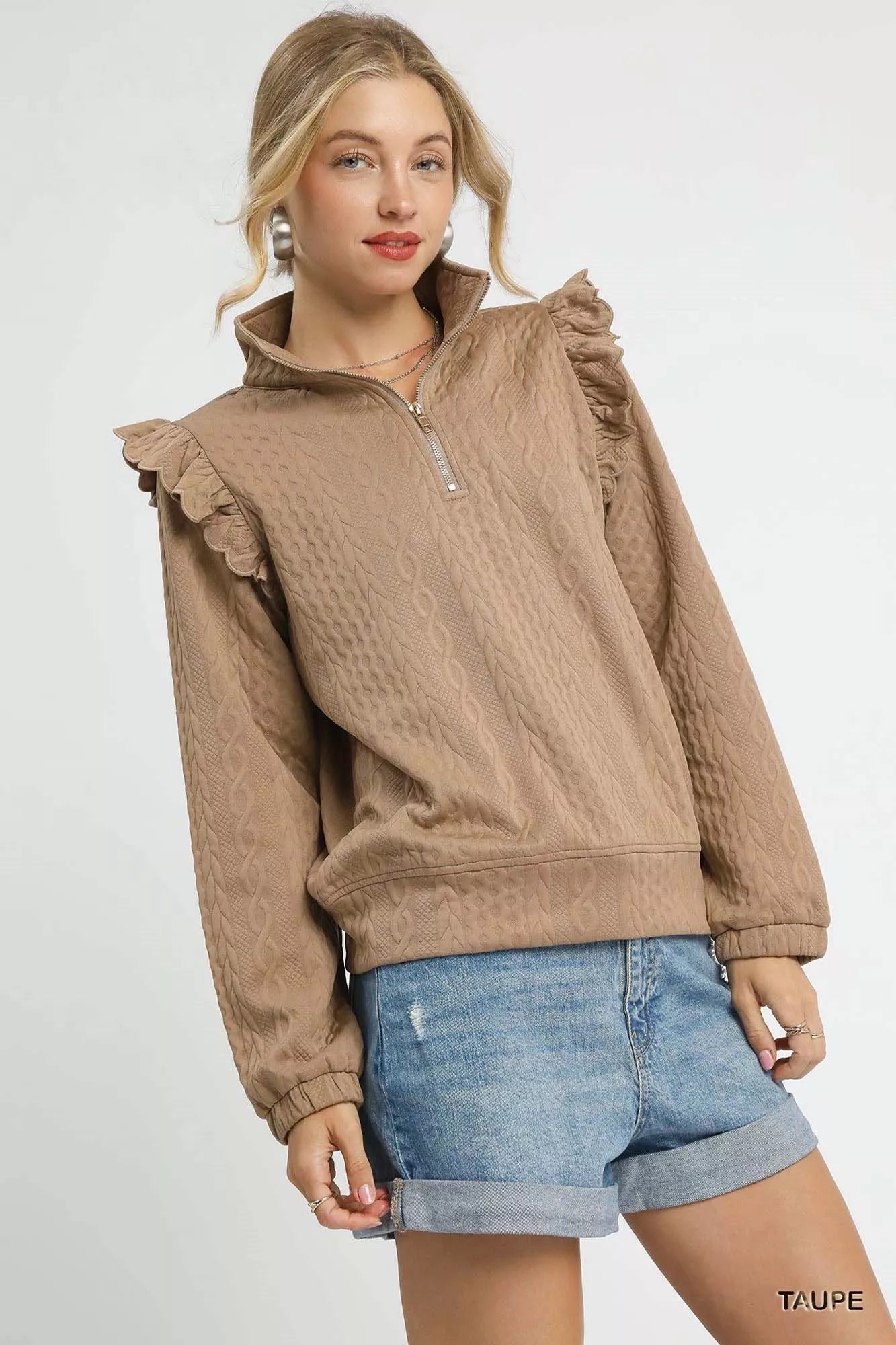 Umgee Cable Knit Textured Pullover with Ruffle Shoulders Trendsi