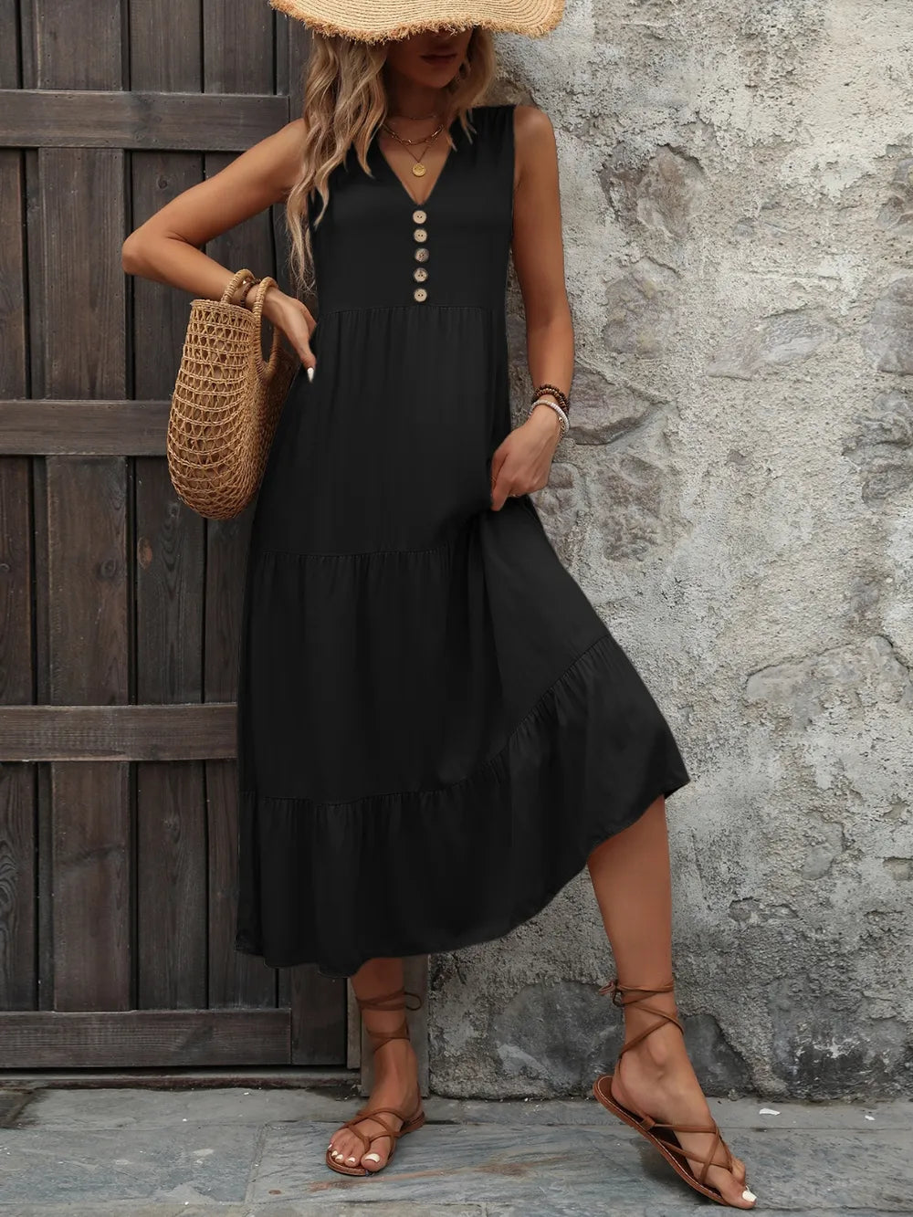 Ivy Lane Decorative Button Notched Sleeveless Dress Trendsi