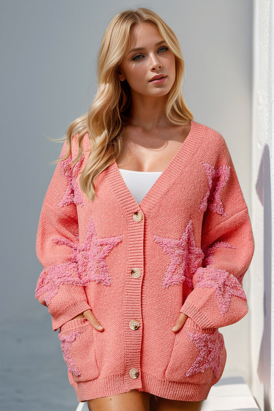 Women Double Take Full Size Button Up Star Pattern Cardigan Sweate