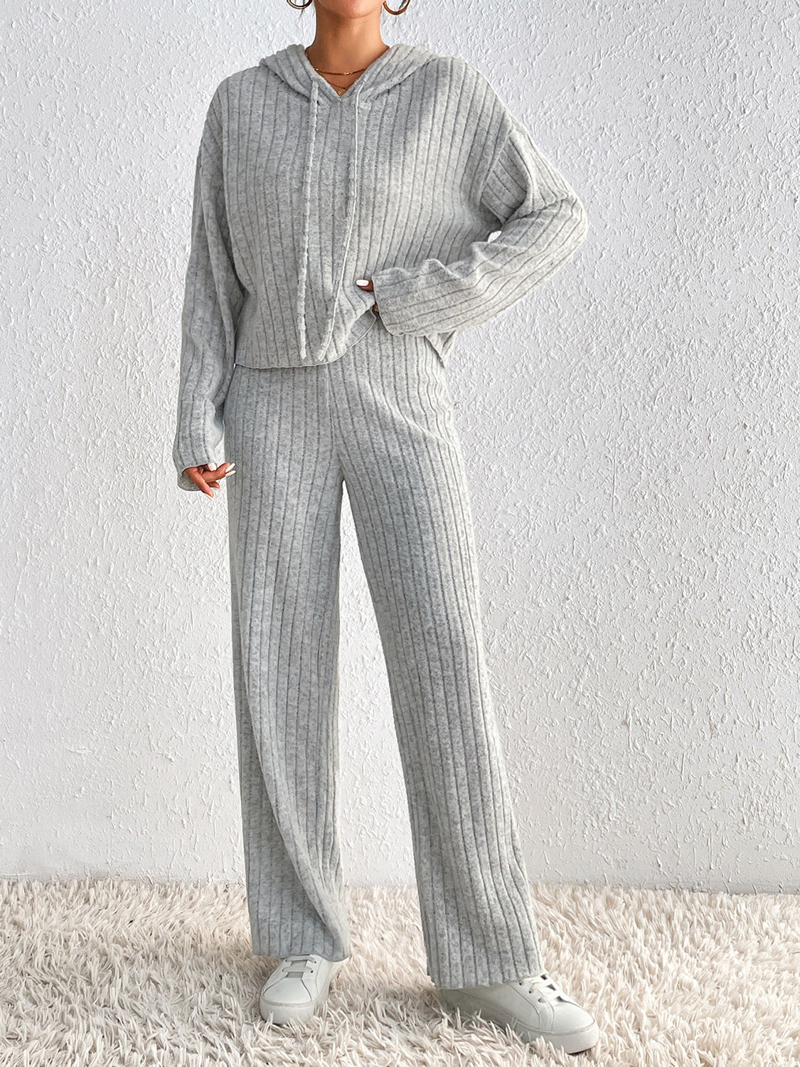 Honey Drawstring Ribbed Hoodie and Straight Leg Pants Set nicholesgifts