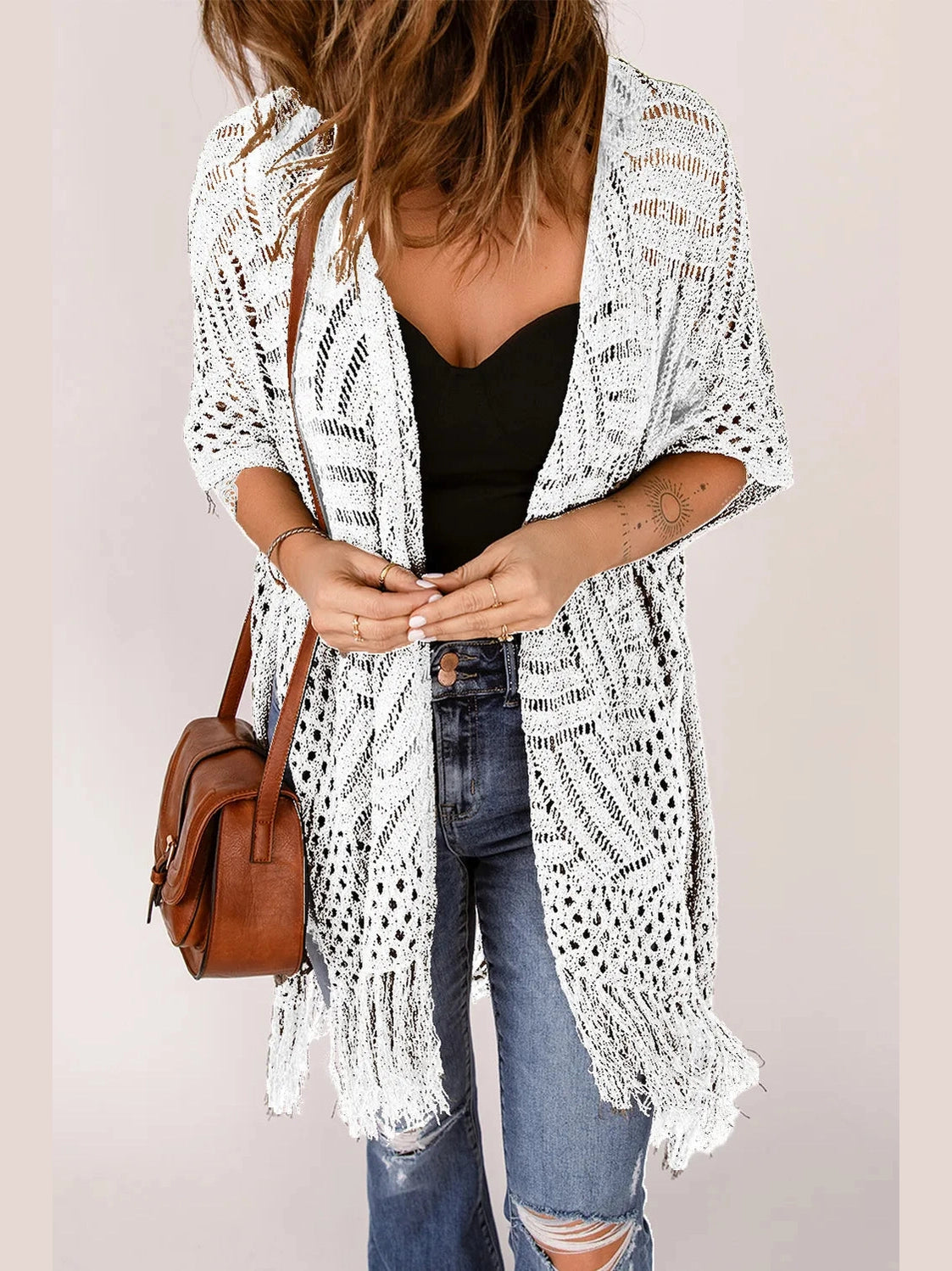 Openwork Open Front Cardigan with Fringes nicholesgifts