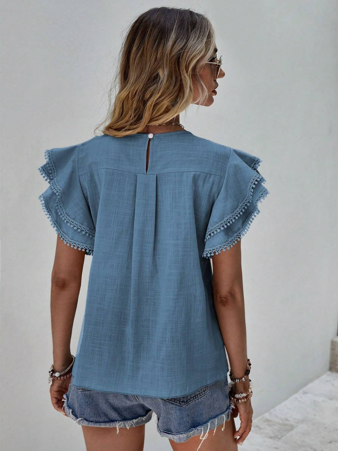 Ruffled Cap Sleeve Round Neck Blouse nicholesgifts