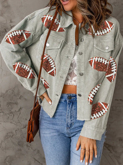 Football Sequin Button Up Dropped Shoulder Jacket nicholesgifts