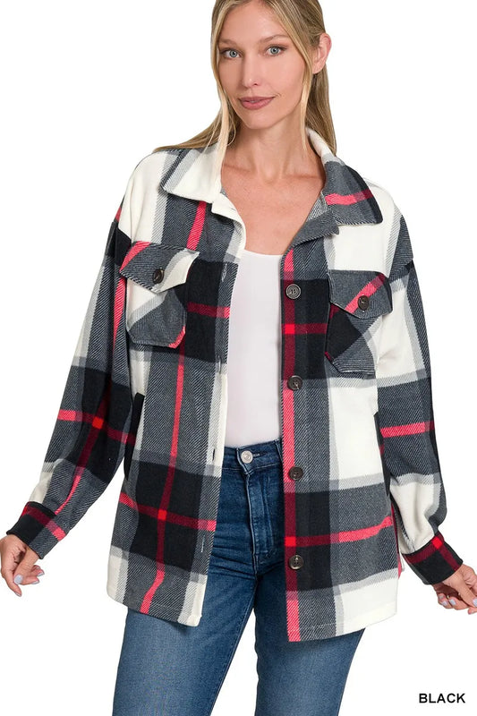 Zenana Oversized Plaid Fleece Shacket Trendsi
