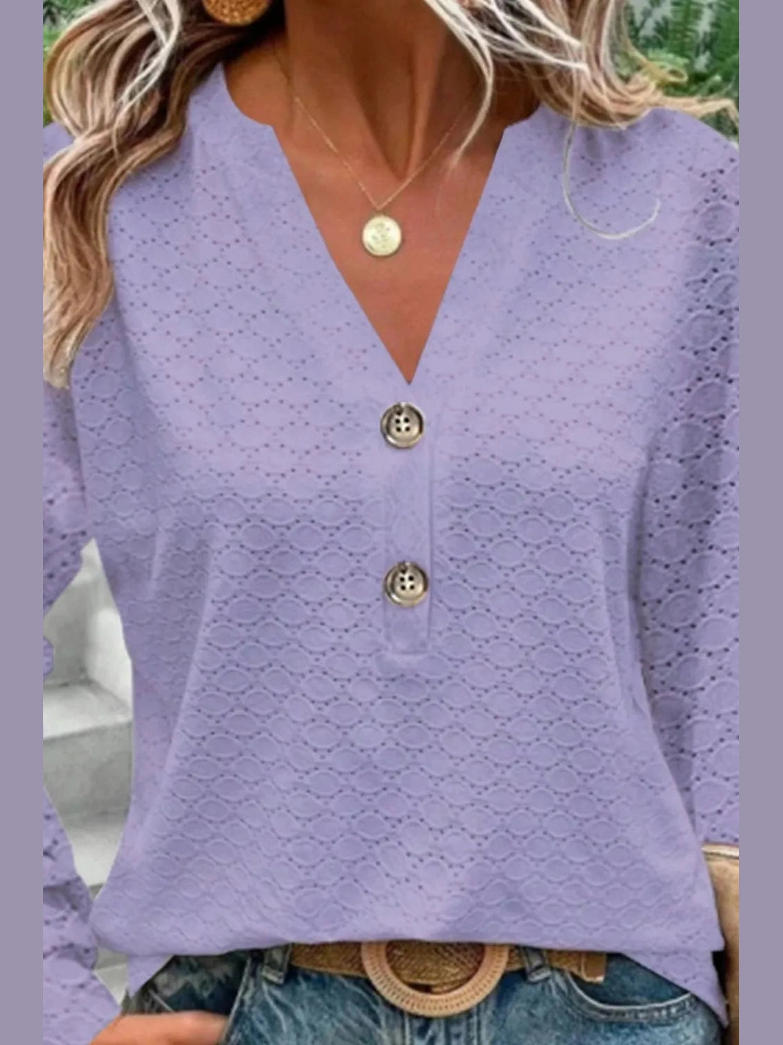 Eyelet Notched Long Sleeve T-Shirt