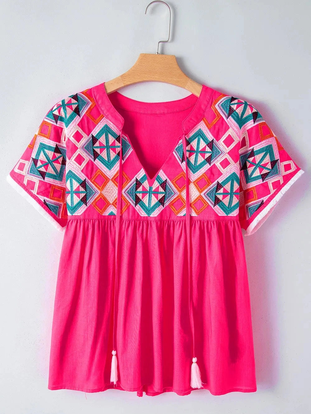 Geometric Embroidered Tassel Tie Neck Blouse NicholesGifts