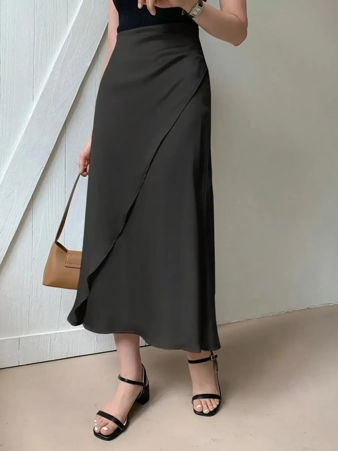 Asymmetric Wrap Midi Skirt with Fluted Hem nicholesgifts