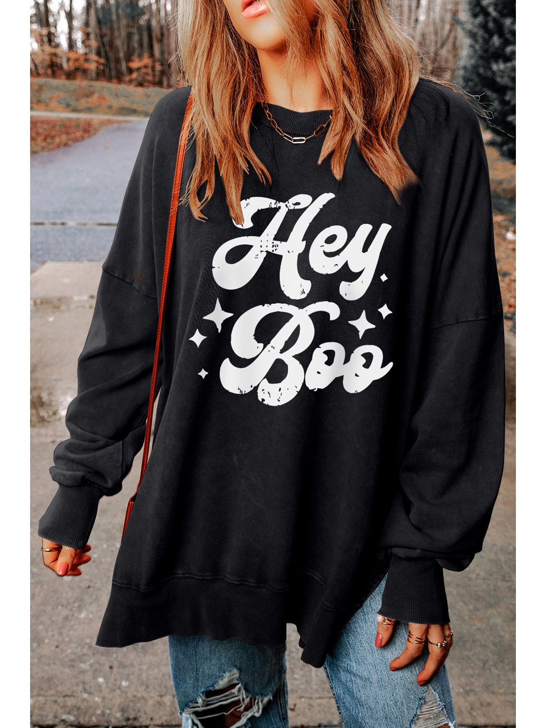 HEY BOO Graphic Round Neck Sweatshirt nicholesgifts