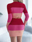 Color Block Ribbed Knit Top and Skirt Sweater Set nicholesgifts