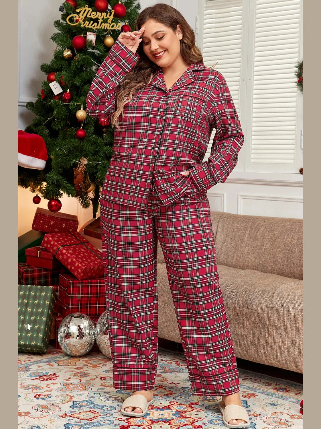 Plus Size Plaid Collared Neck Top and Pants Lounge Set nicholesgifts