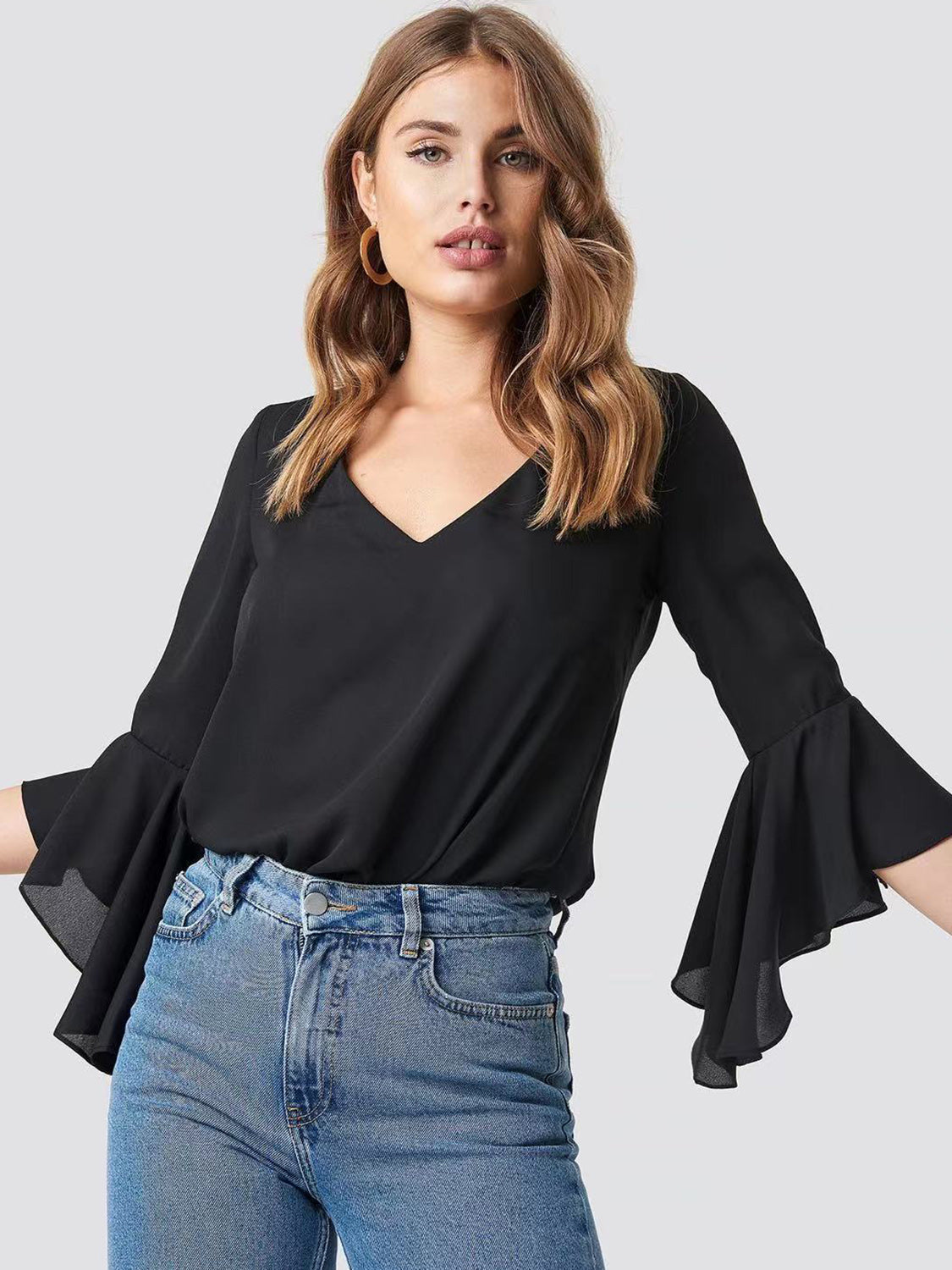 V-Neck Flounce Sleeve Blouse nicholesgifts