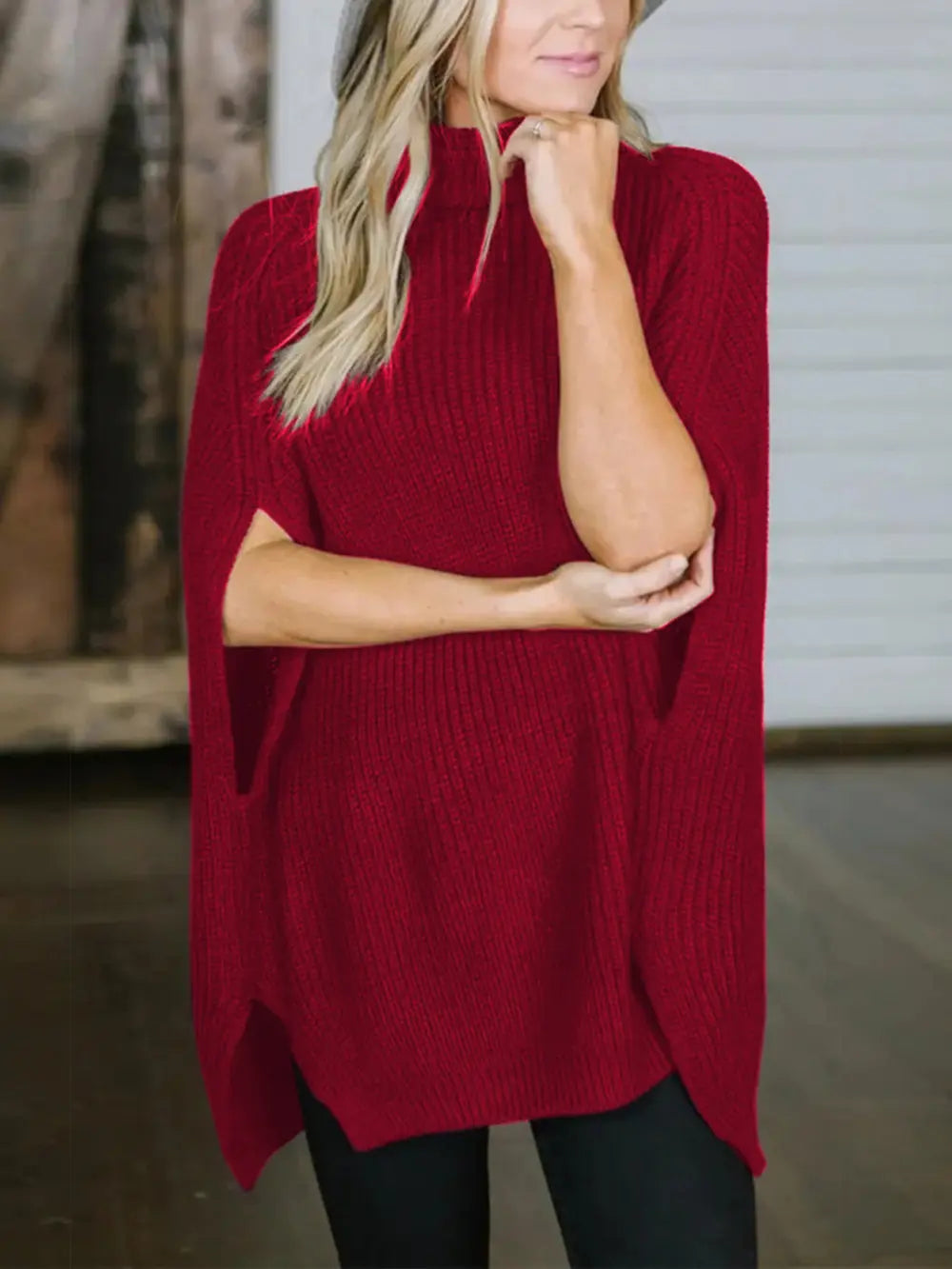 Turtleneck Slit Sweater Trendsi