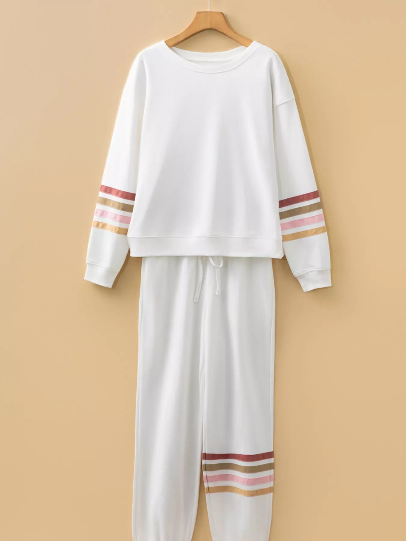 Striped Trim Round Neck Top and Pants Set nicholesgifts