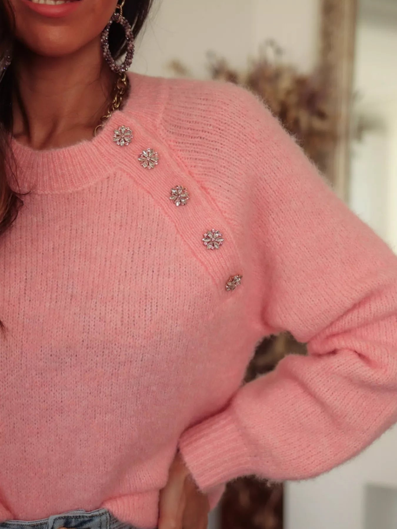 Button Detail Ribbed Hem Sweater