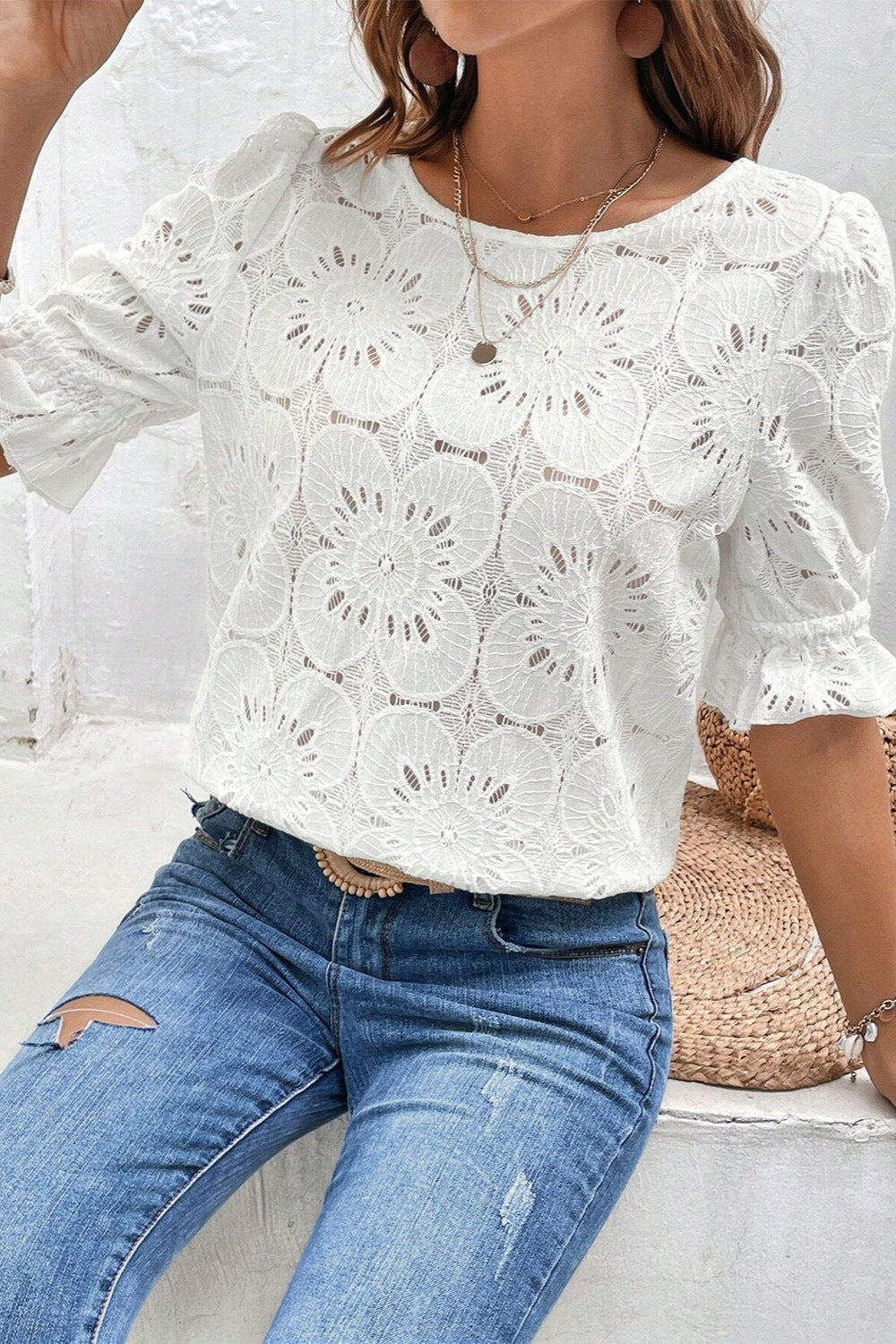 Round Neck Flounce Sleeve Blouse nicholesgifts