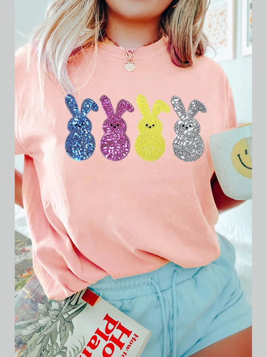 Sequin Bunny Round Neck Short Sleeve T-Shirt Trendsi