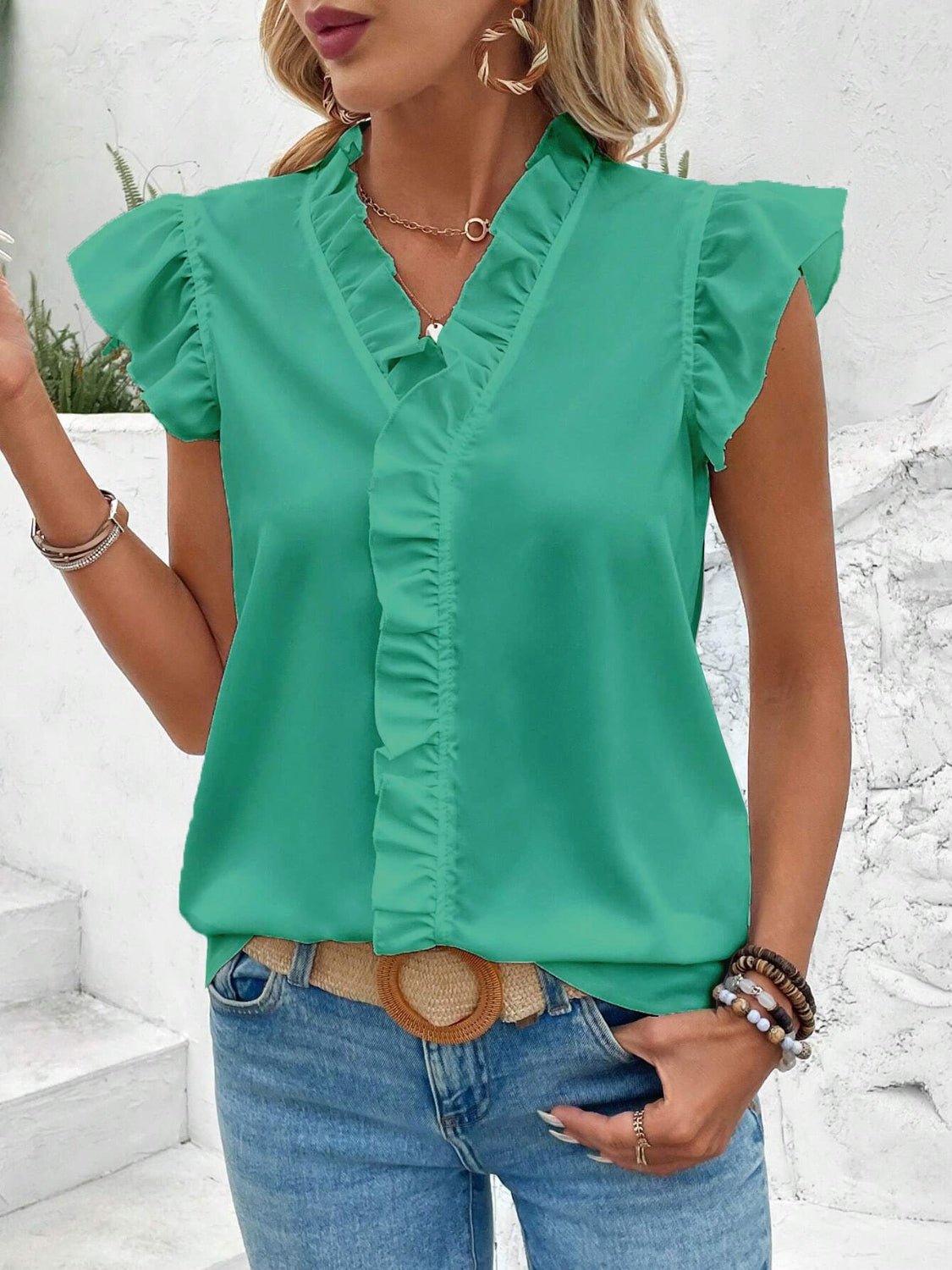 Ruffled V-Neck Cap Sleeve Blouse nicholesgifts