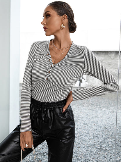 Ivy Lane Striped Buttoned V-Neck Long Sleeve Top nicholesgifts