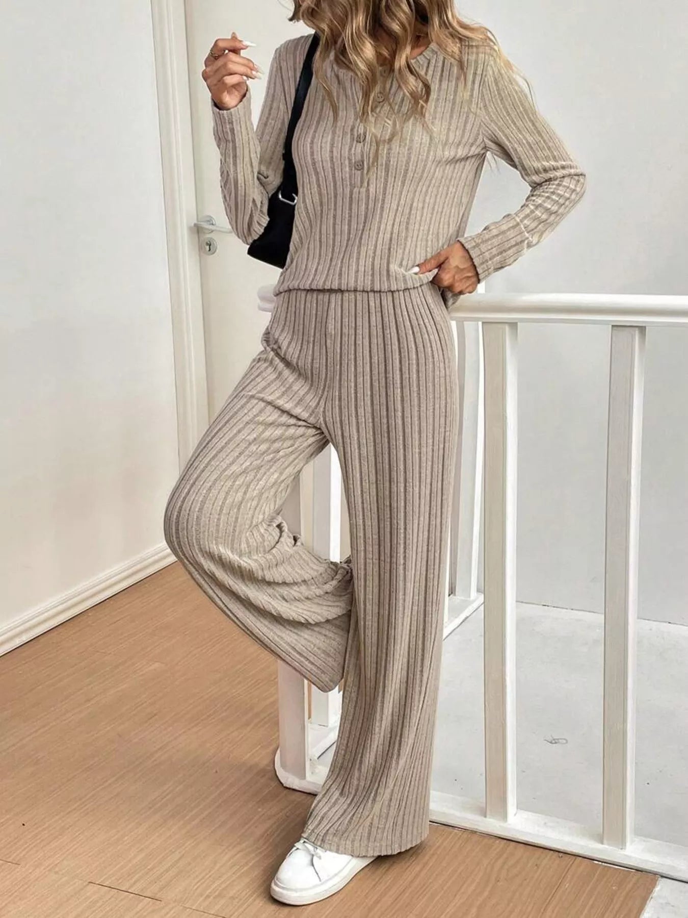 Button Detail Long Sleeve Top and Pants Set Trendsi