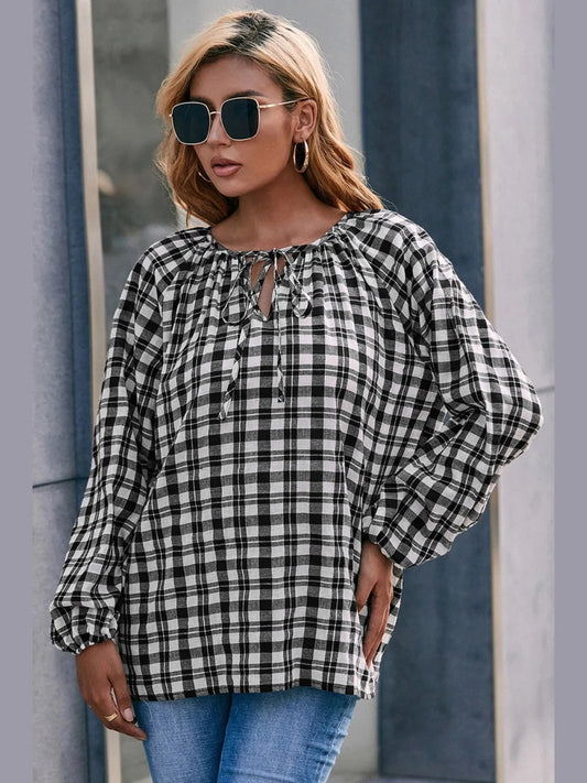 Ivy Lane Plaid Tie Neck Balloon Sleeve Blouse