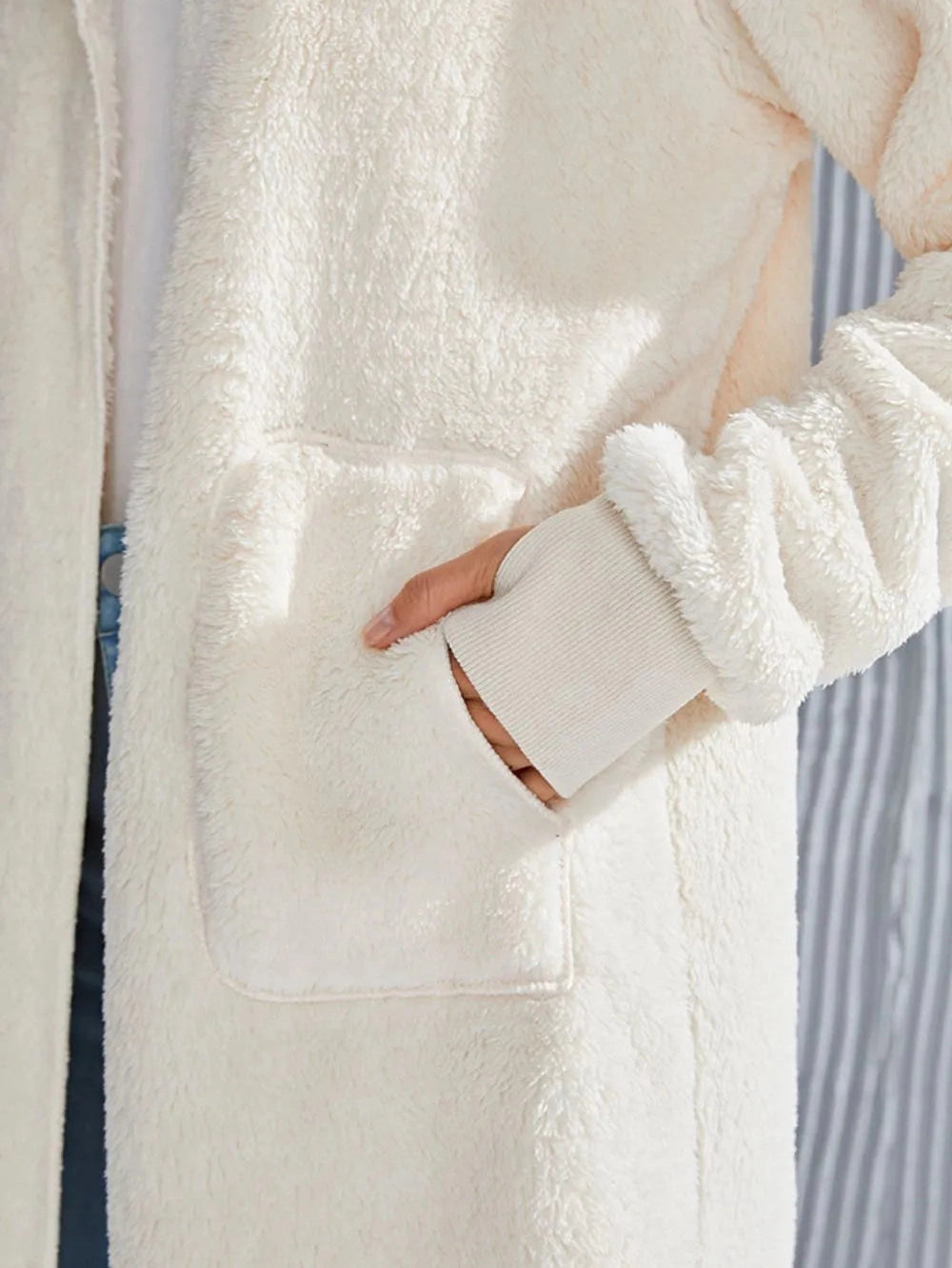 Double Take Full Size Hooded Teddy Bear Jacket with Thumbholes nicholesgifts