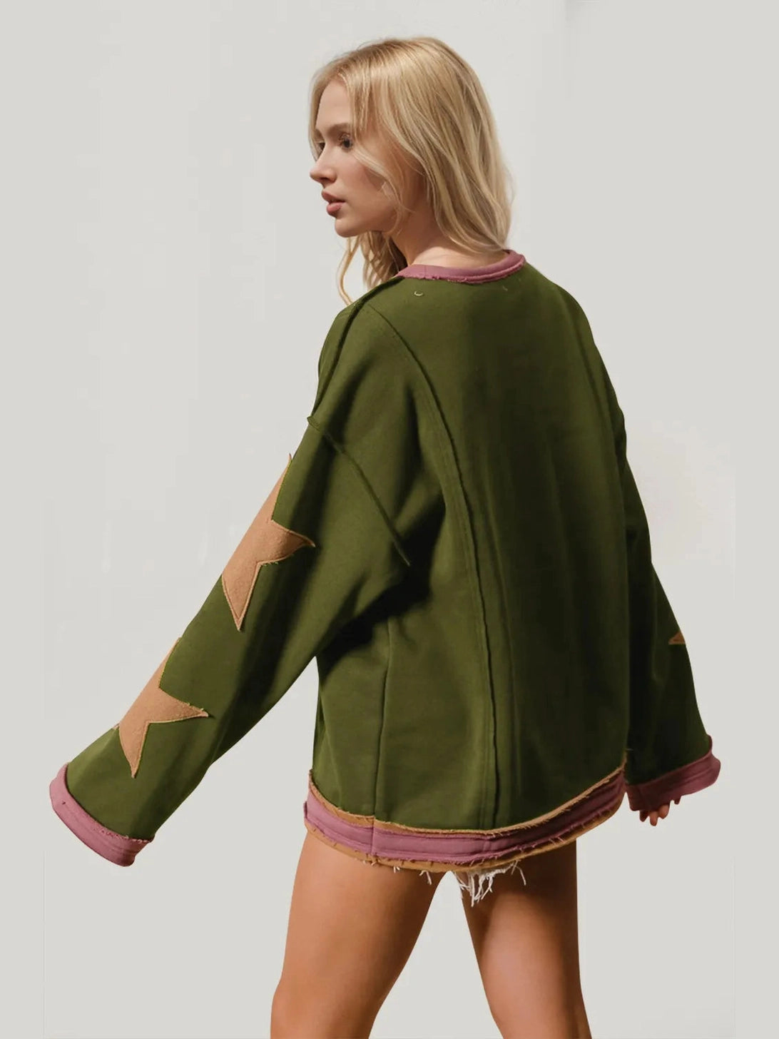 Double Take Star Patched Long Sleeve Sweatshirt Trendsi