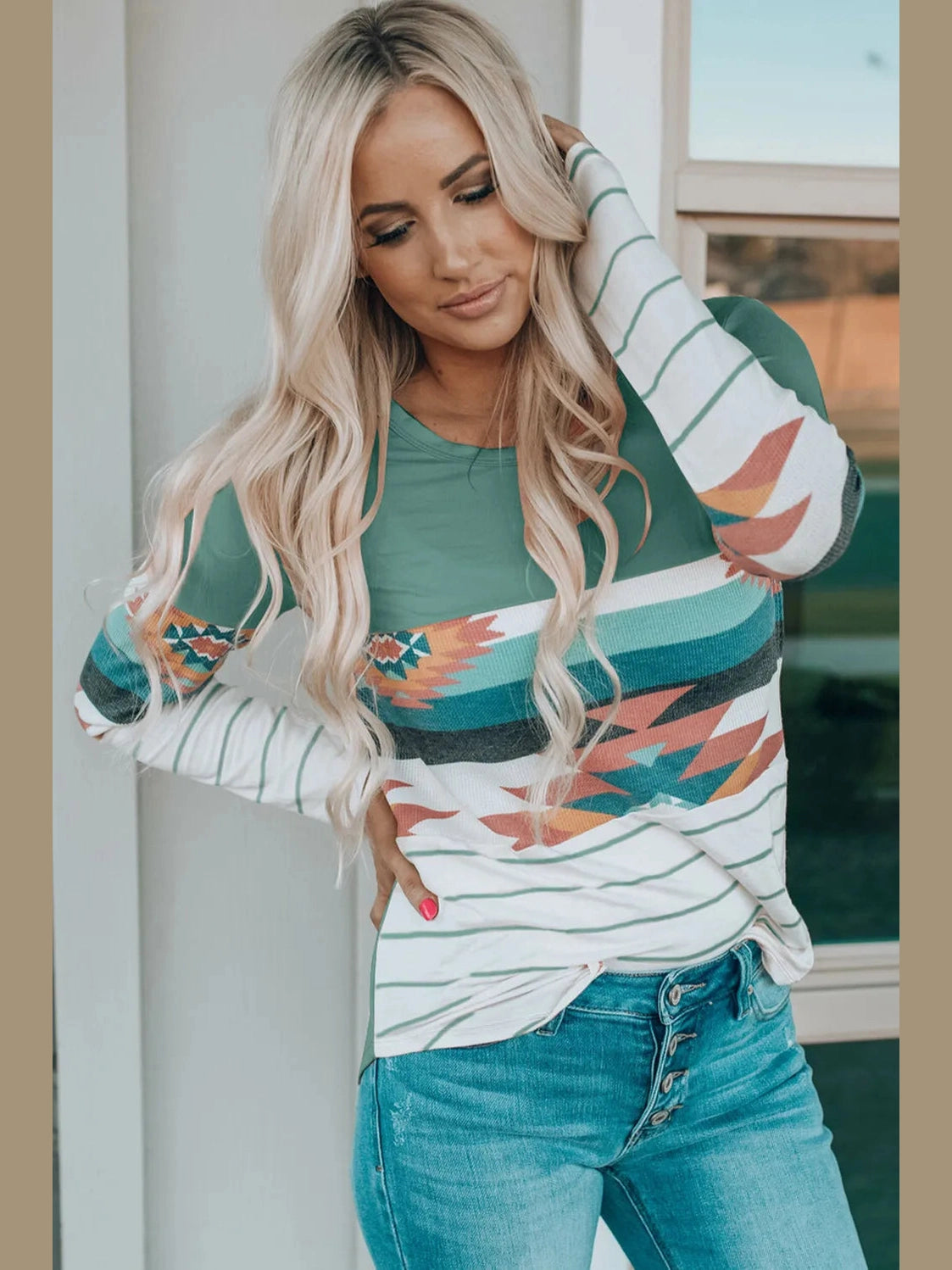 Geometric Round Neck Long Sleeve T-Shirt