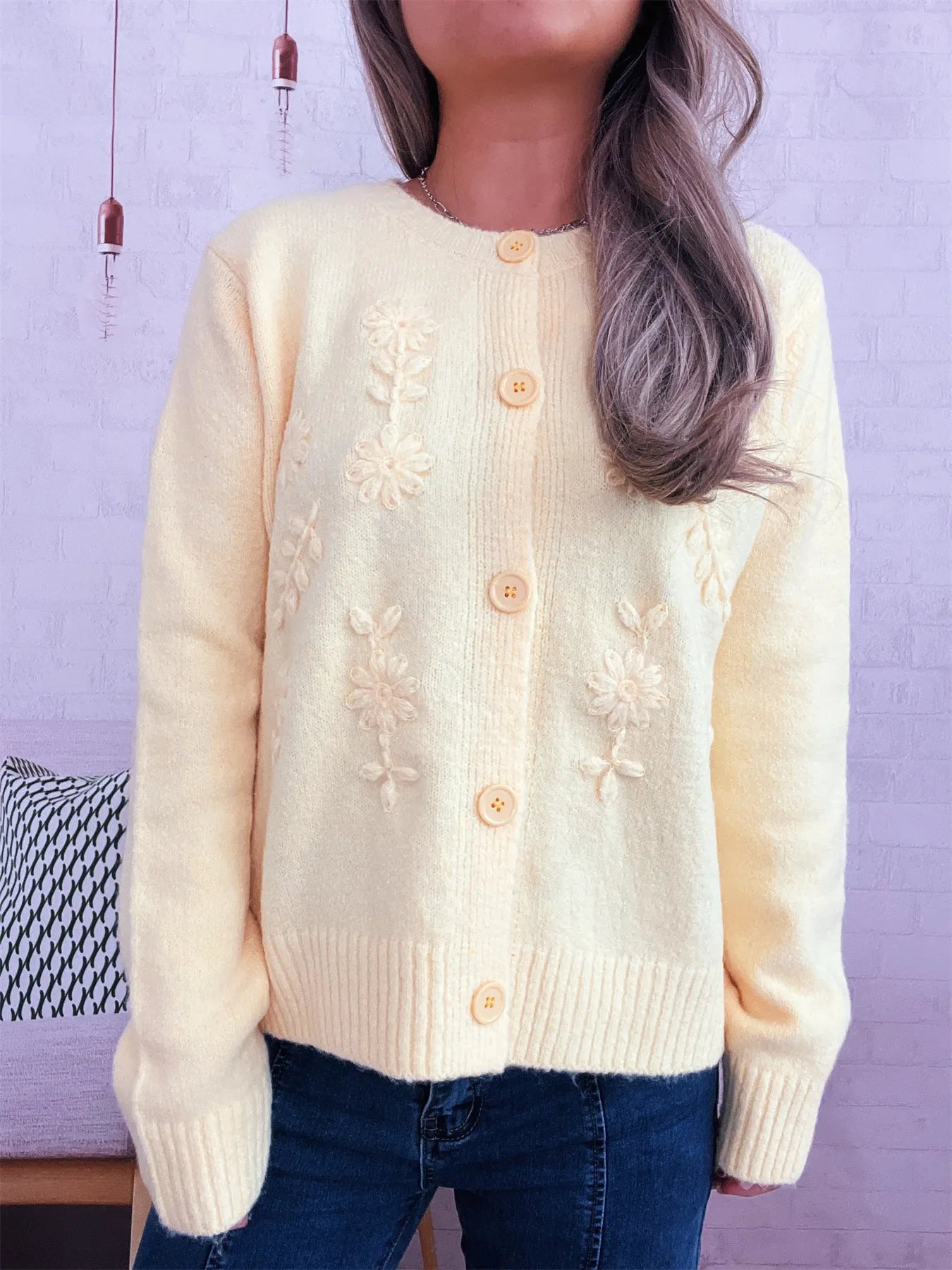 Flower Button Up Ribbed Hem Cardigan