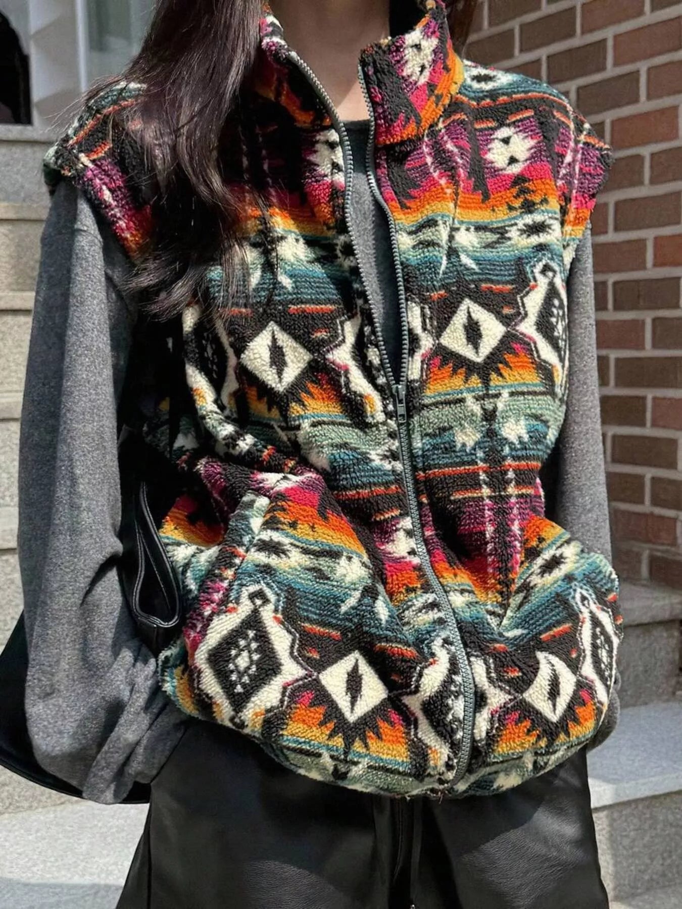 Geometric Fleece Vest Coat nicholesgifts