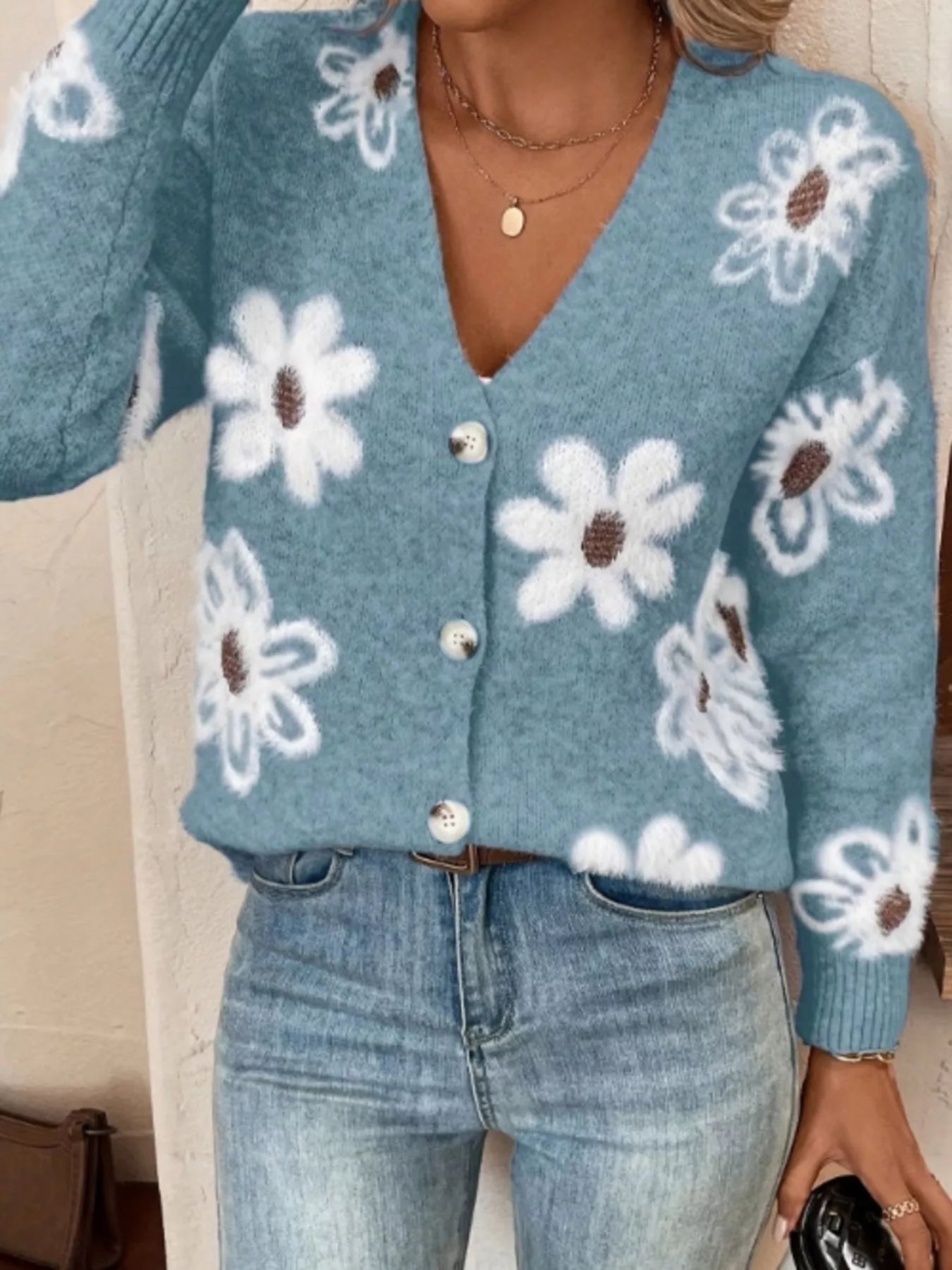Floral Print Button-Up Knit Cardigan nicholesgifts
