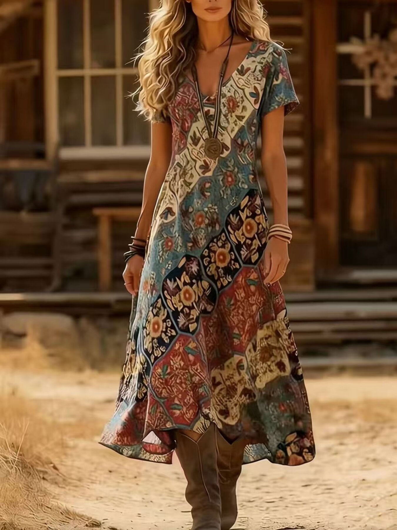 Printed V-Neck Short Sleeve Midi Dress nicholesgifts