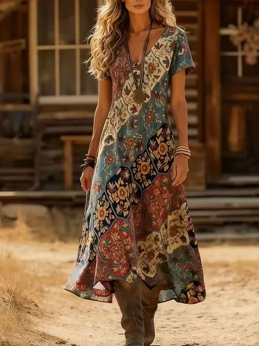 Printed V-Neck Short Sleeve Midi Dress nicholesgifts