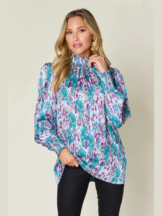 Double Take Full Size Printed Smocked Long Sleeve Blouse nicholesgifts