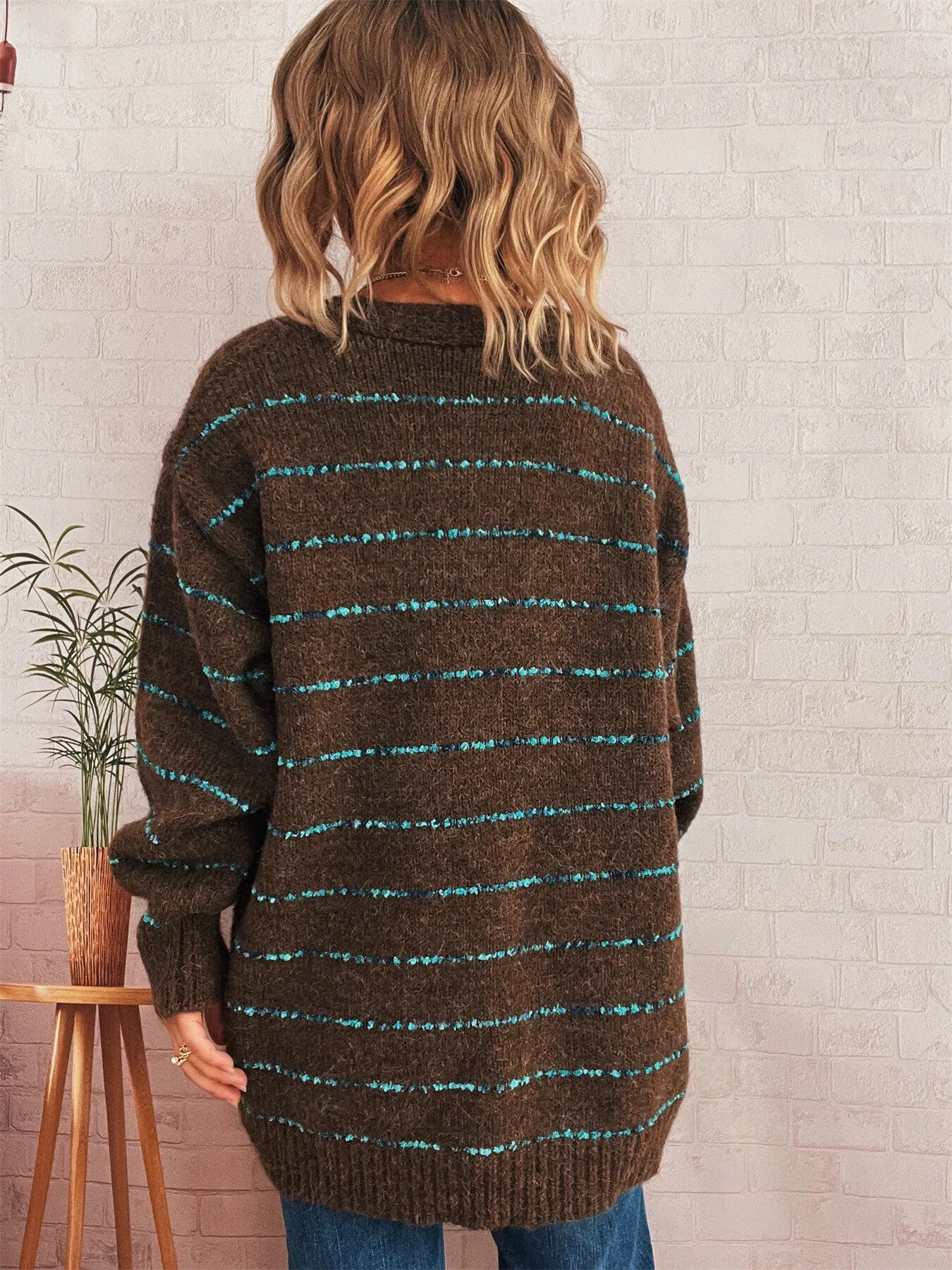 Striped Button-Up Cardigan with V-Neck Design