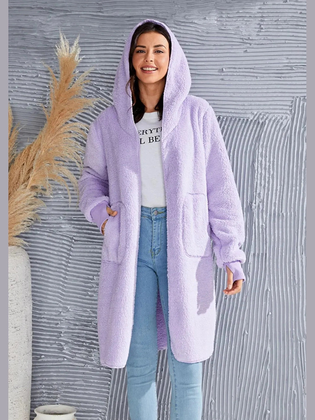Double Take Full Size Hooded Teddy Bear Jacket with Thumbholes nicholesgifts