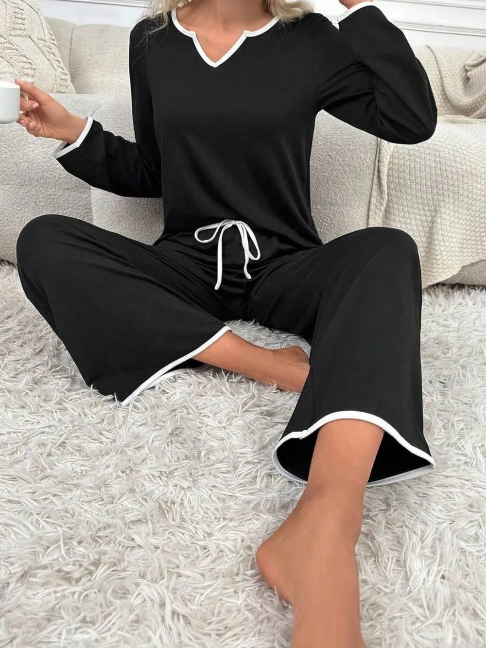 Contrast Trim Notched Long Sleeve Top and Pants Lounge Set nicholesgifts