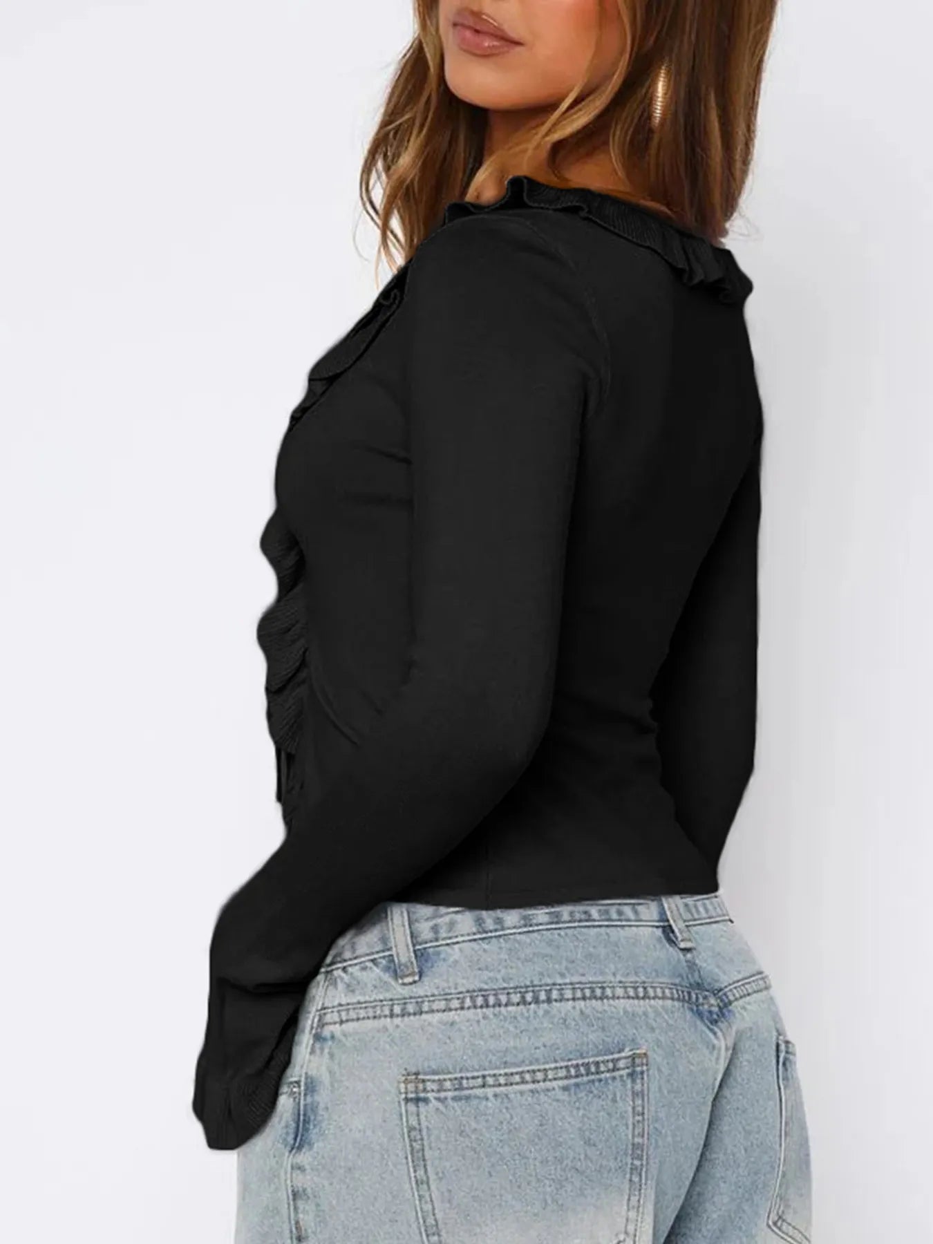 Women Ruffled Tie Front Flare Sleeve Shirt