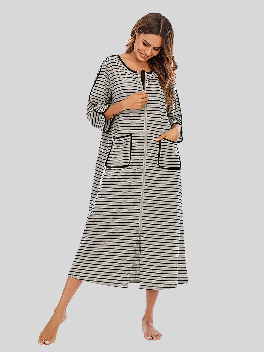 Round Neck Three-Quarter Sleeve Midi Night Dress nicholesgifts