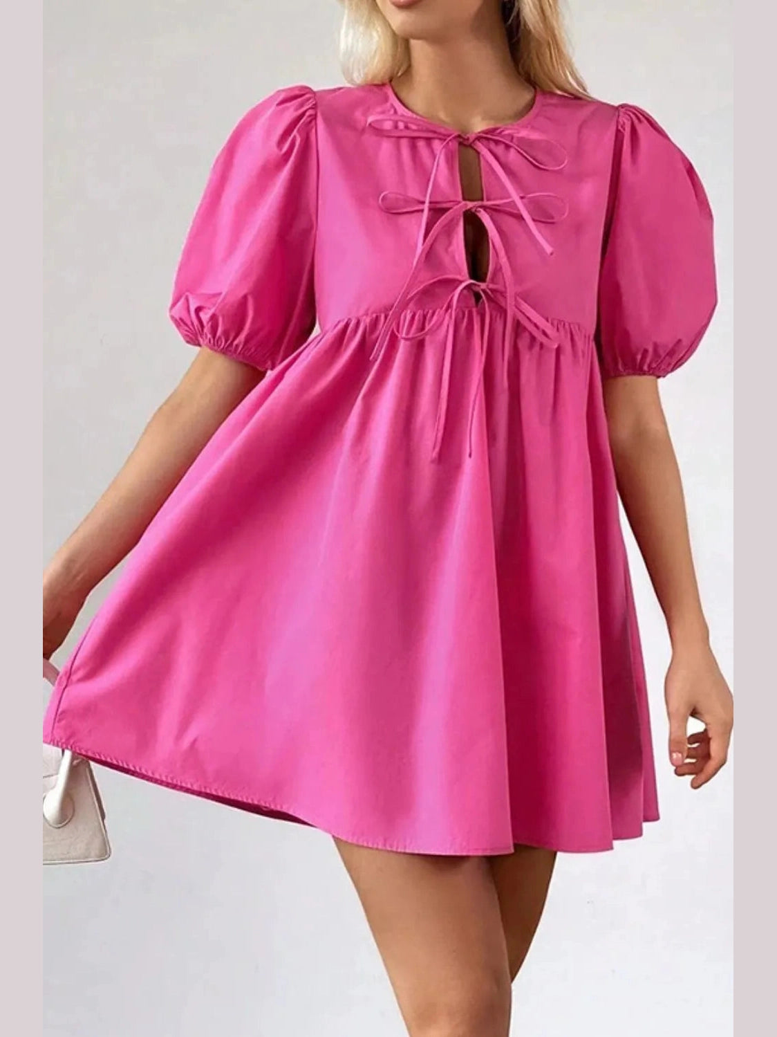 Puff Sleeve Tie Front High Waist Mini Dress NicholesGifts