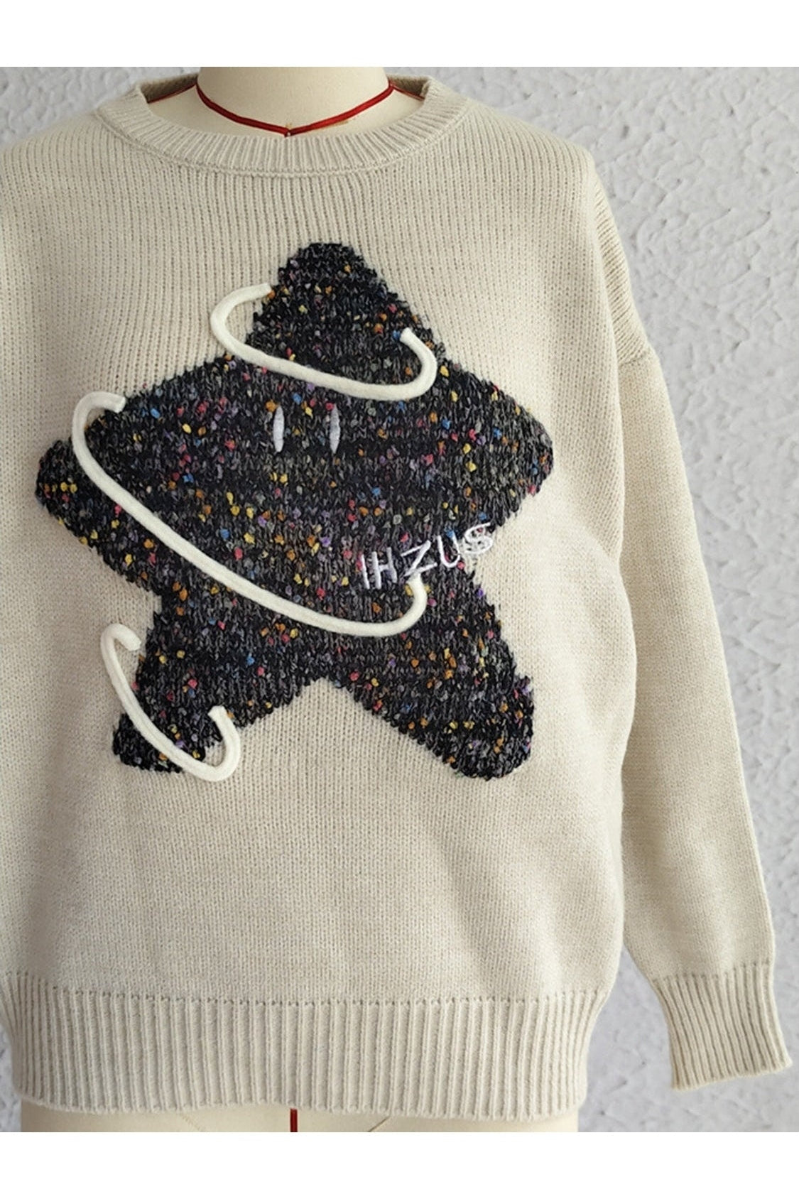 Contrast Star Round Neck Long Sleeve Sweater nicholesgifts