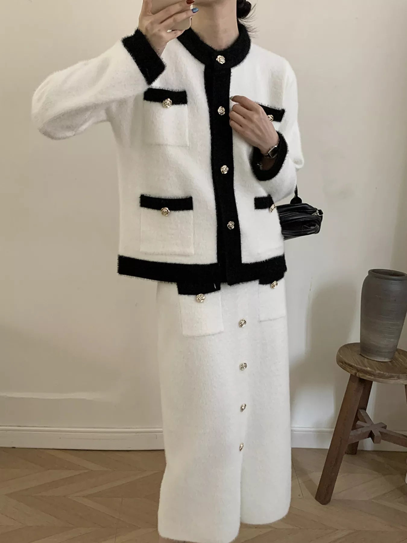 Contrast Trim Jacket and Skirts Sweater Set nicholesgifts
