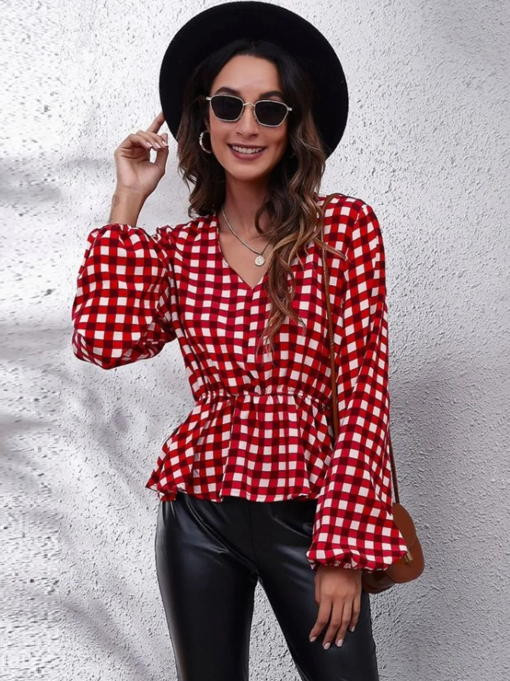 Ruched Printed V-Neck Long Sleeve Blouse nicholesgifts