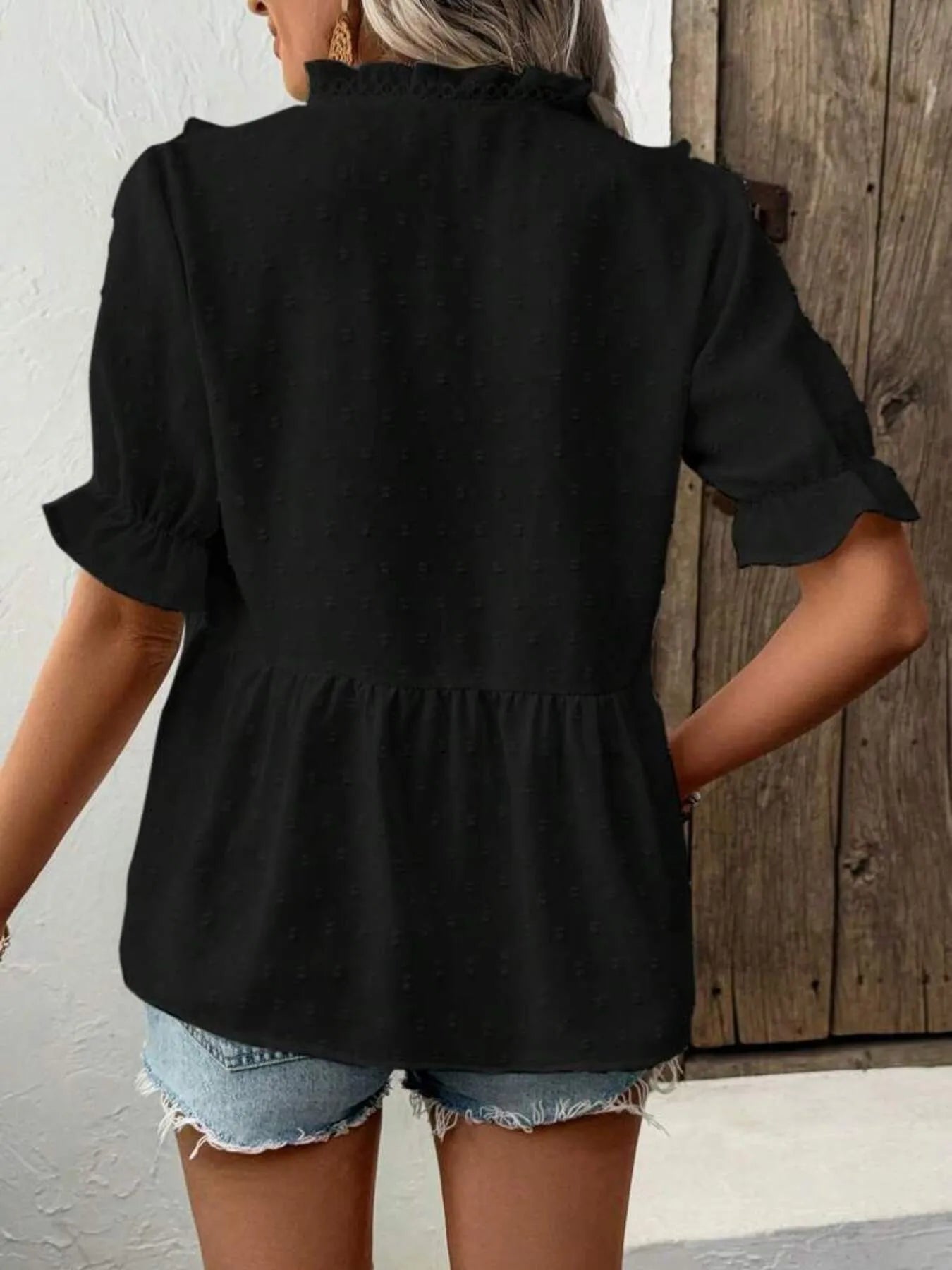 Swiss Dot Ruffled V-Neck Blouse with Flounce Sleeves NicholesGifts