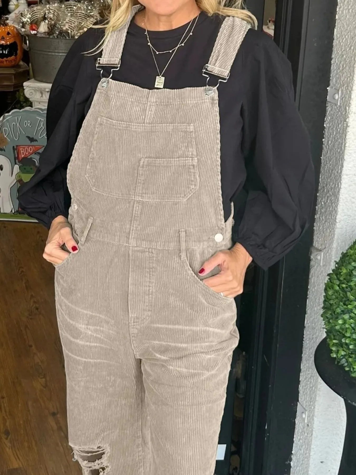 Distressed Wide Leg Corduroy Overalls nicholesgifts
