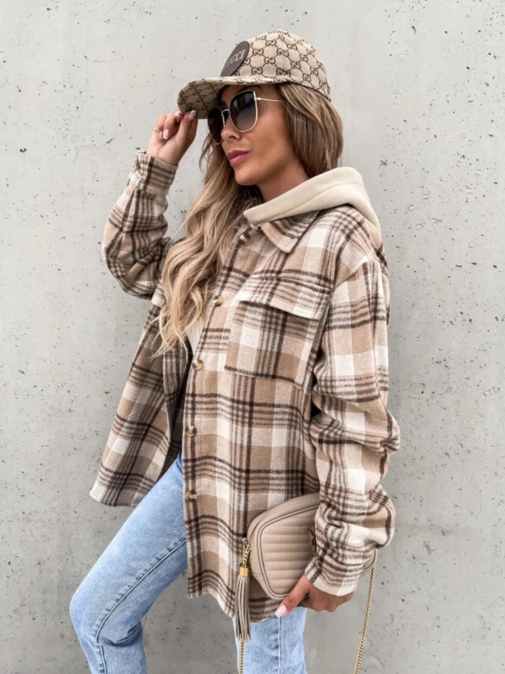 Plaid Dropped Shoulder Hooded Jacket nicholesgifts