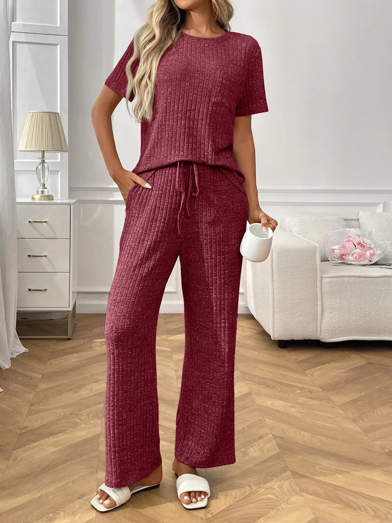 Ribbed Knit Short Sleeve Top and Pants Lounge Set nicholesgifts