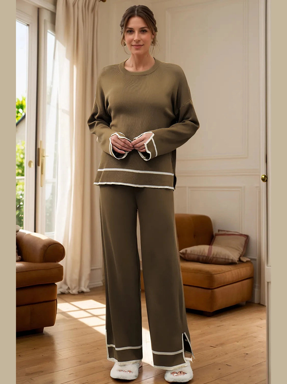 High-Low Round Neck Top and Pants Sweater Set nicholesgifts