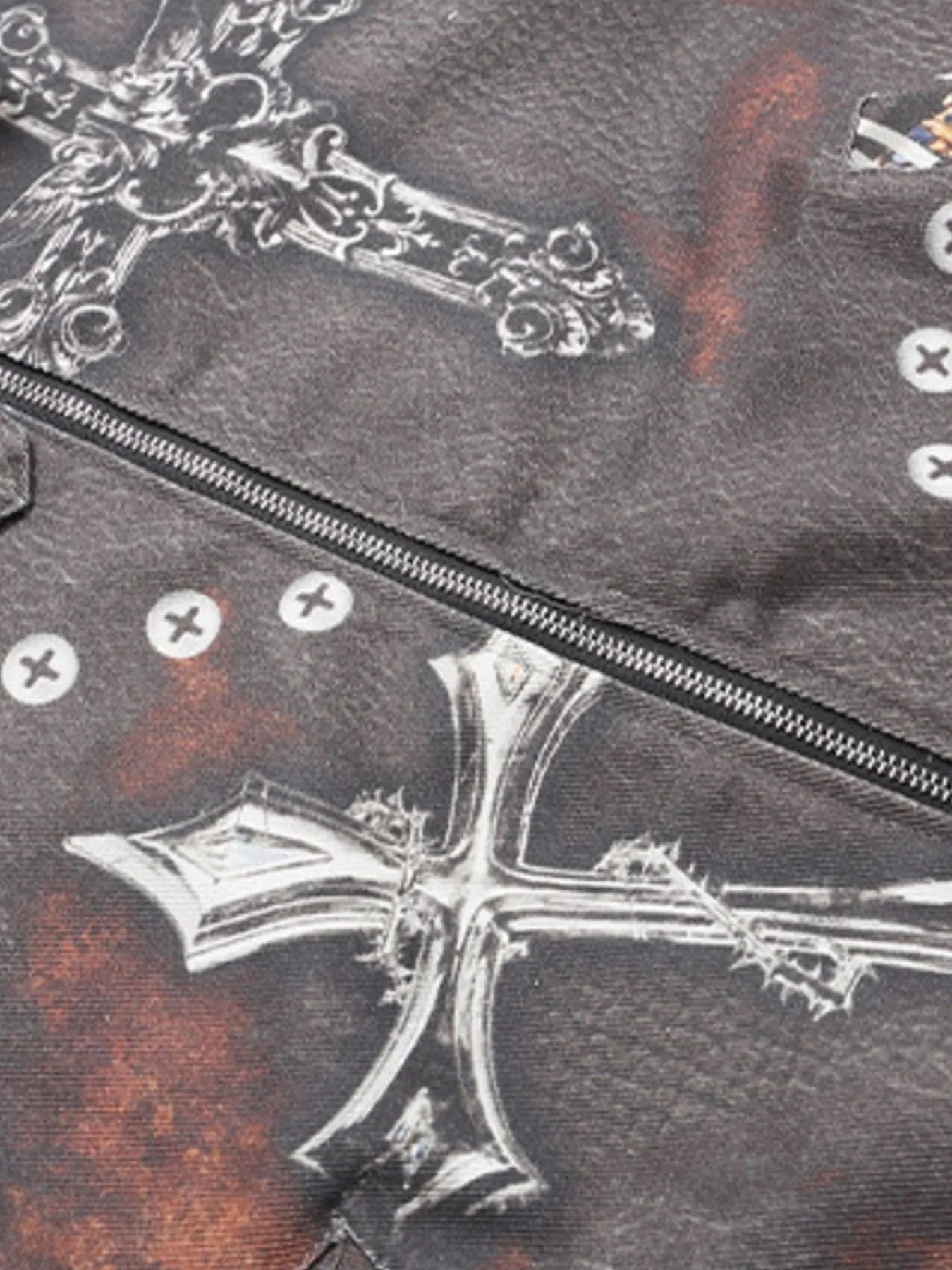 Men's Gothic Cross Print Distressed Denim Jacket NicholesGifts