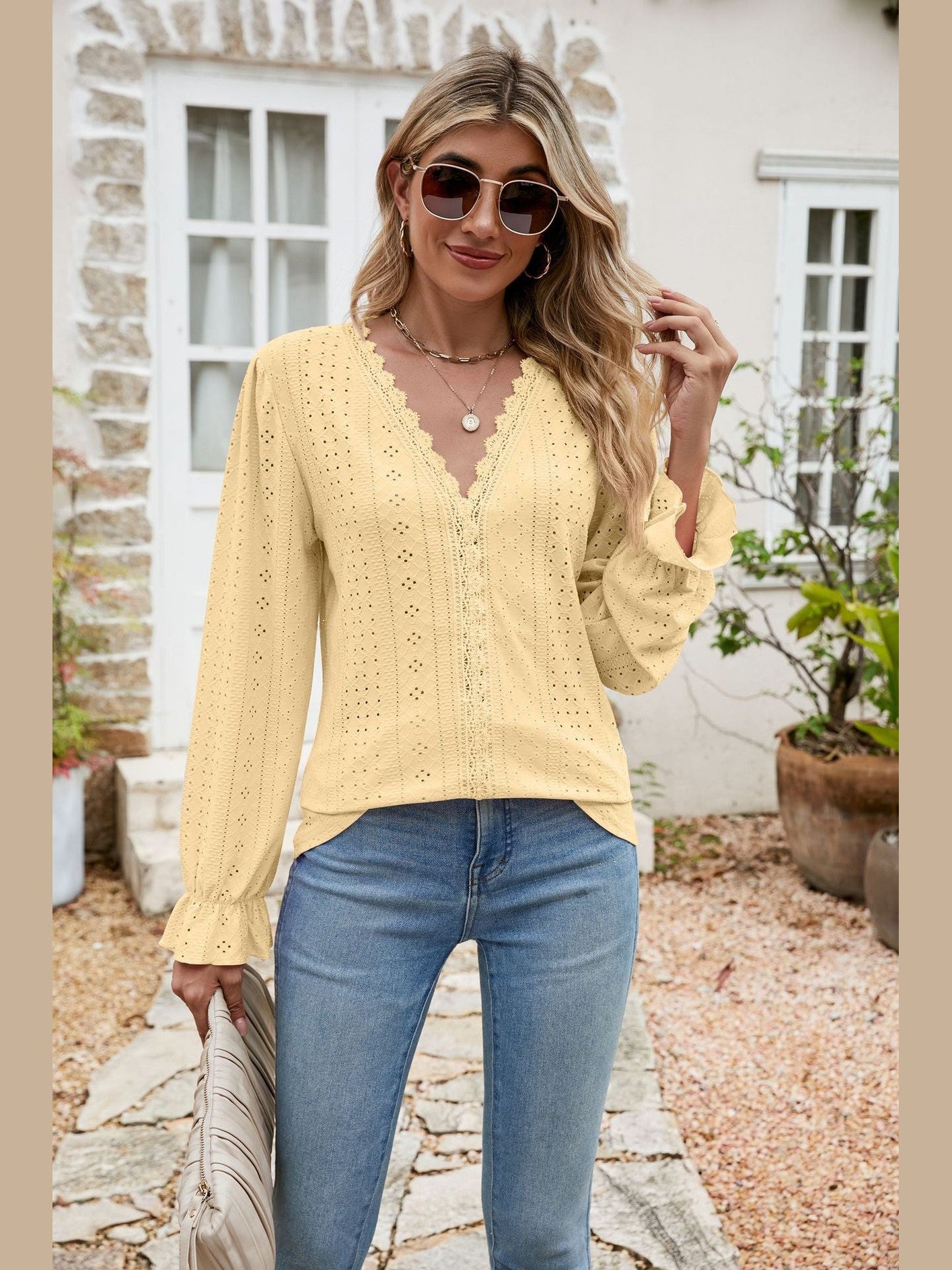 Eyelet Lace Trim Flounce Sleeve Blouse